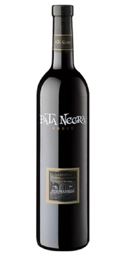 Eine dunkle Weinflasche mit dem Etikett PATA NEGRA ROBLE TEMPRANILLO