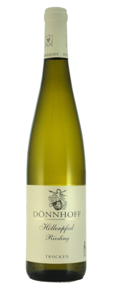 Weinflasche von Dönnhoff Höllepfad Riesling Trocken, weißes Etikett, grüne Flasche