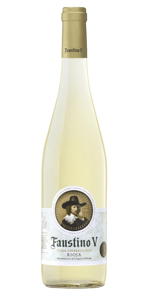 Eine Flasche Faustino V Weißwein, Rioja, Viura-Chardonnay.