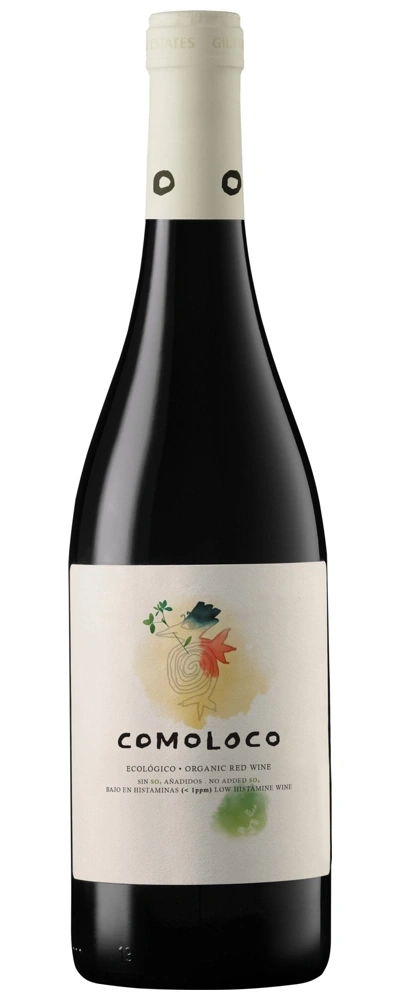 Wein Comoloco, Bio-Rotwein, ohne Zusatzstoffe, niedriger Histamingehalt, Flasche, Etikett