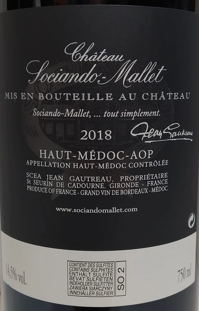 Weinflasche Château Sociando-Mallet, 2018, Haut-Médoc-AOP, 14.5% vol., 750ml, enthält Sulfite