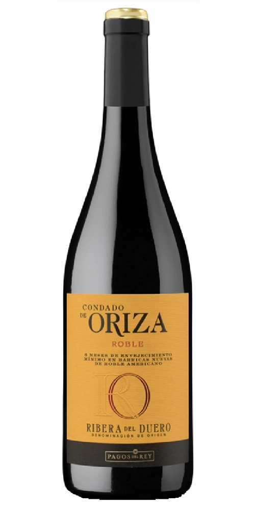 Eine Flasche Rotwein von Condado de Oriza Roble mit einem goldgelben Etikett.