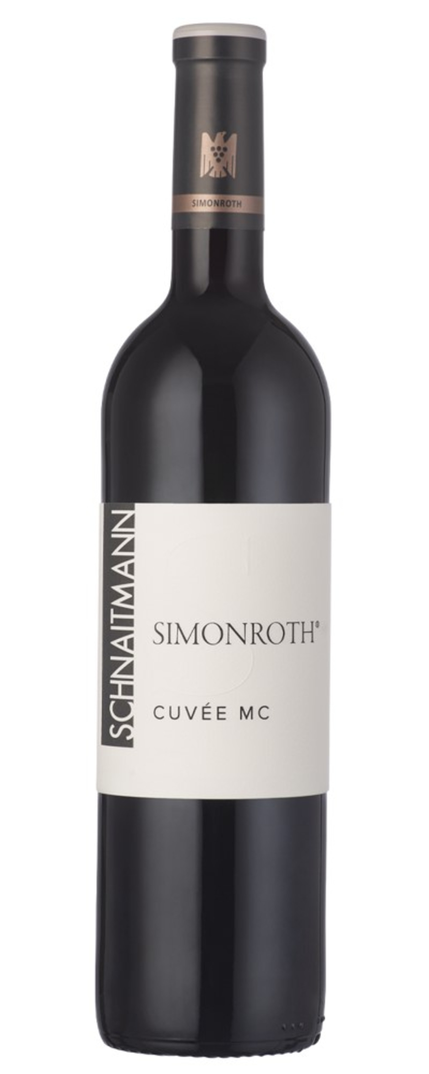 Wein SIMONROTH Cuvée MC, dunkle Flasche, weißes Etikett, Markenlogo, Getränk