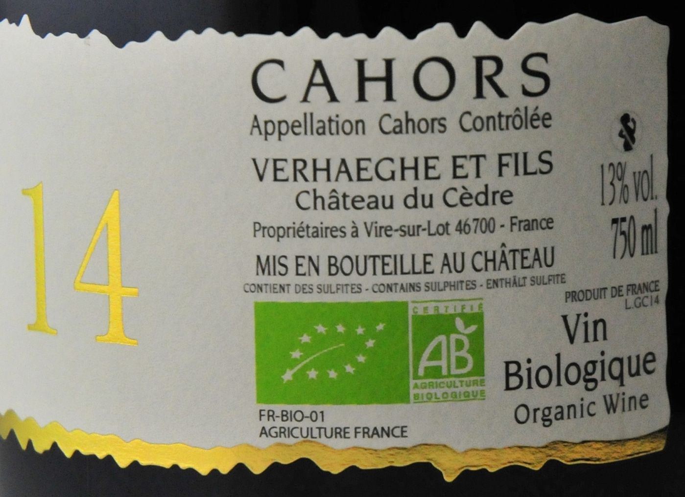 Wein-Etikett mit Aufschrift 'CAHORS', 'Biologique', 'Organic Wine', 13% vol., 750 ml, 'FR-BIO-01'