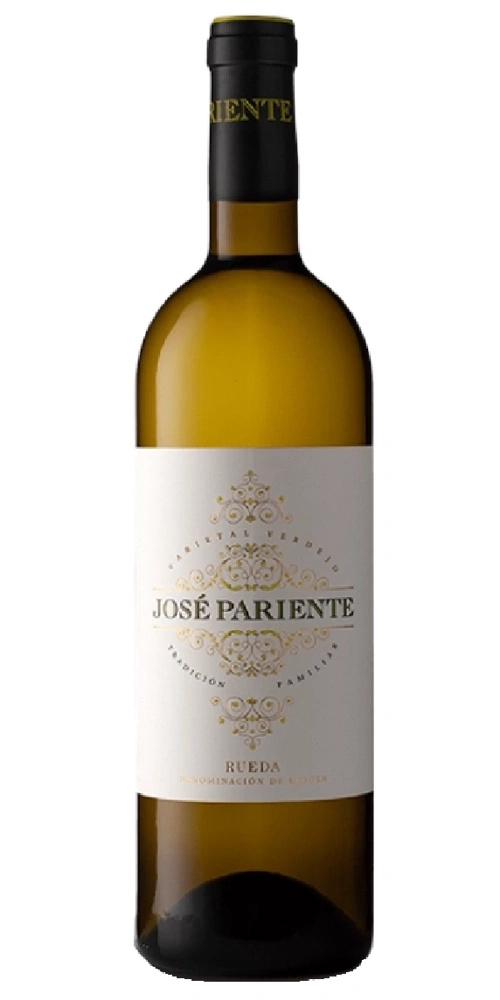 Eine Flasche Weißwein mit dem Namen José Pariente steht vor einem weißen Hintergrund.