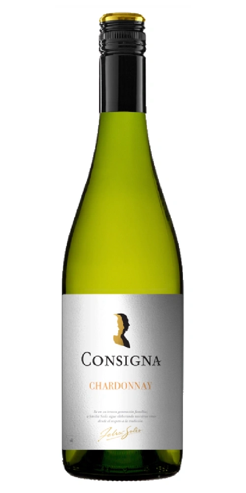 Eine Flasche Weißwein mit dem Etikett Consigna Chardonnay