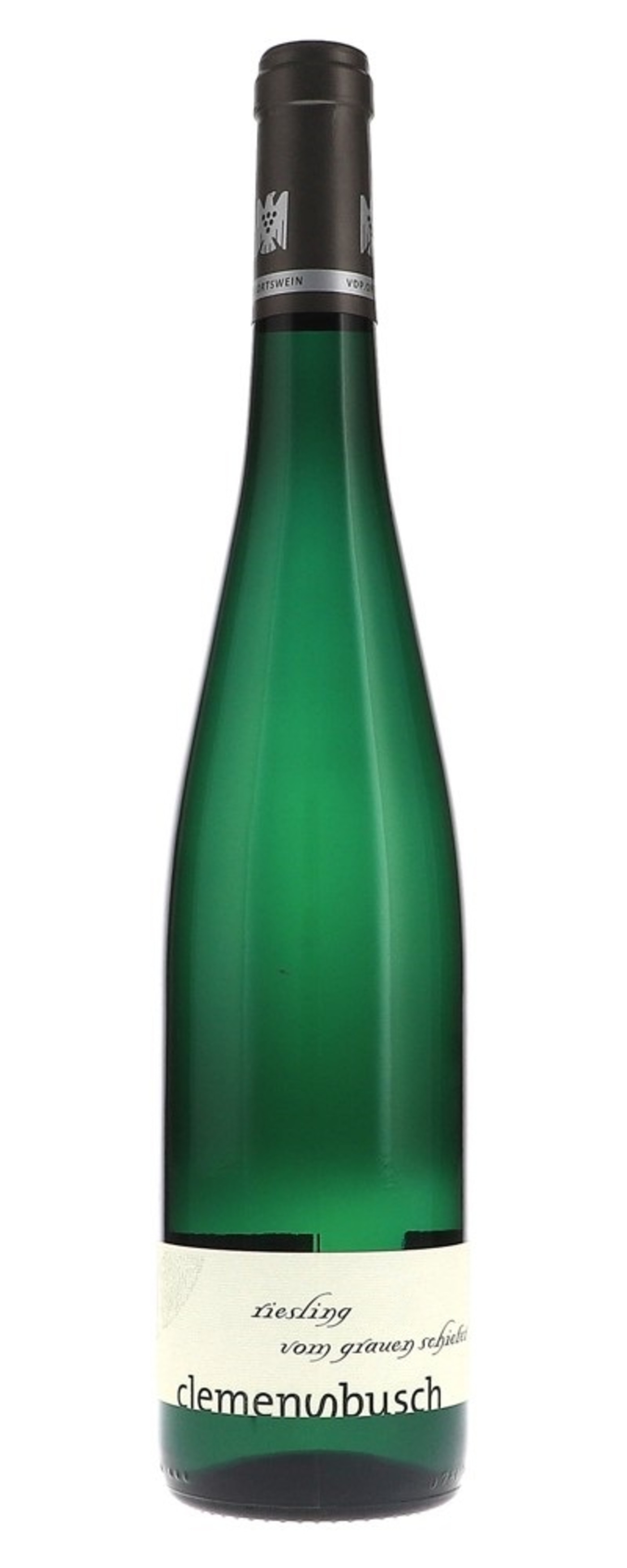 Grüne Weinflasche mit Etikett, Aufschrift 'Clemens Busch' und 'Riesling'