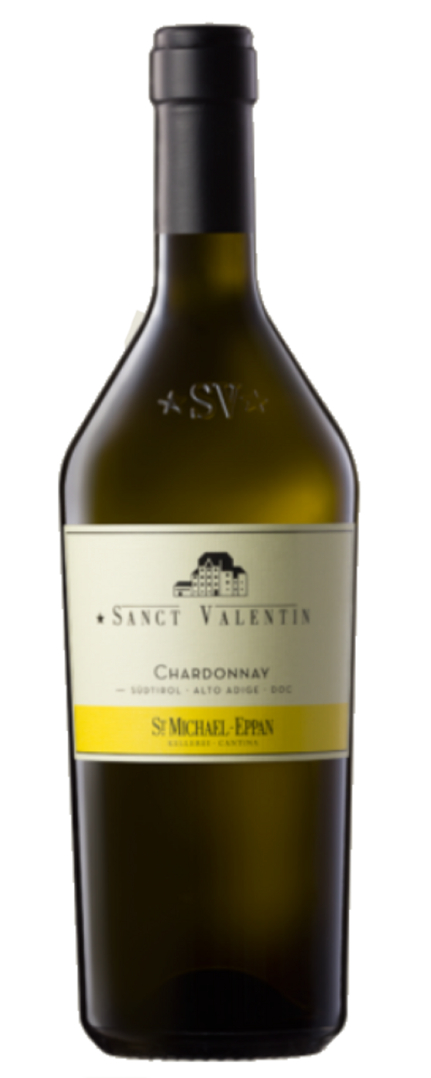 Weinflasche mit Etikett 'Sanct Valentin Chardonnay' aus Südtirol, Alto Adige, DOC.
