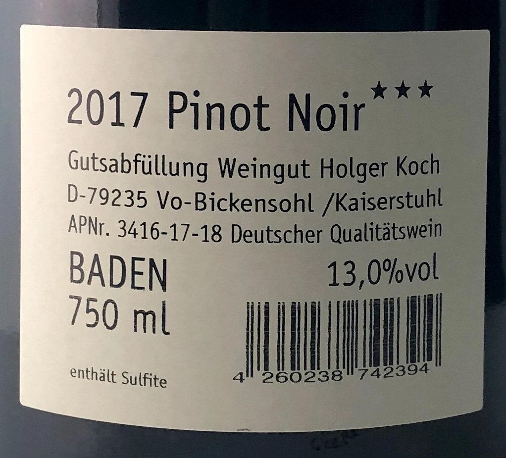 Etikett einer Weinflasche mit der Aufschrift Pinot Noir, 2017, 13,0%vol, Baden, 750 ml.