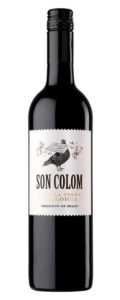 Eine Flasche Rotwein mit dem Etikett 'Son Colom' und einer Taube