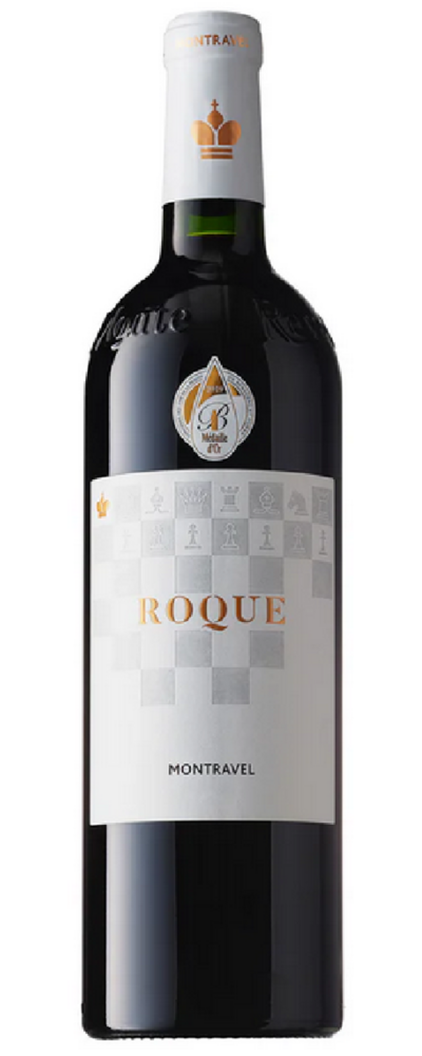 Wein-Flasche mit goldenem Etikett und Krone, Roque Montravel