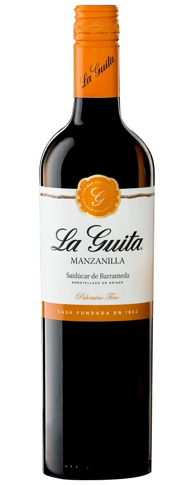 Eine Flasche La Guita Manzanilla Wein mit orangefarbenem Etikett und Verschluss.