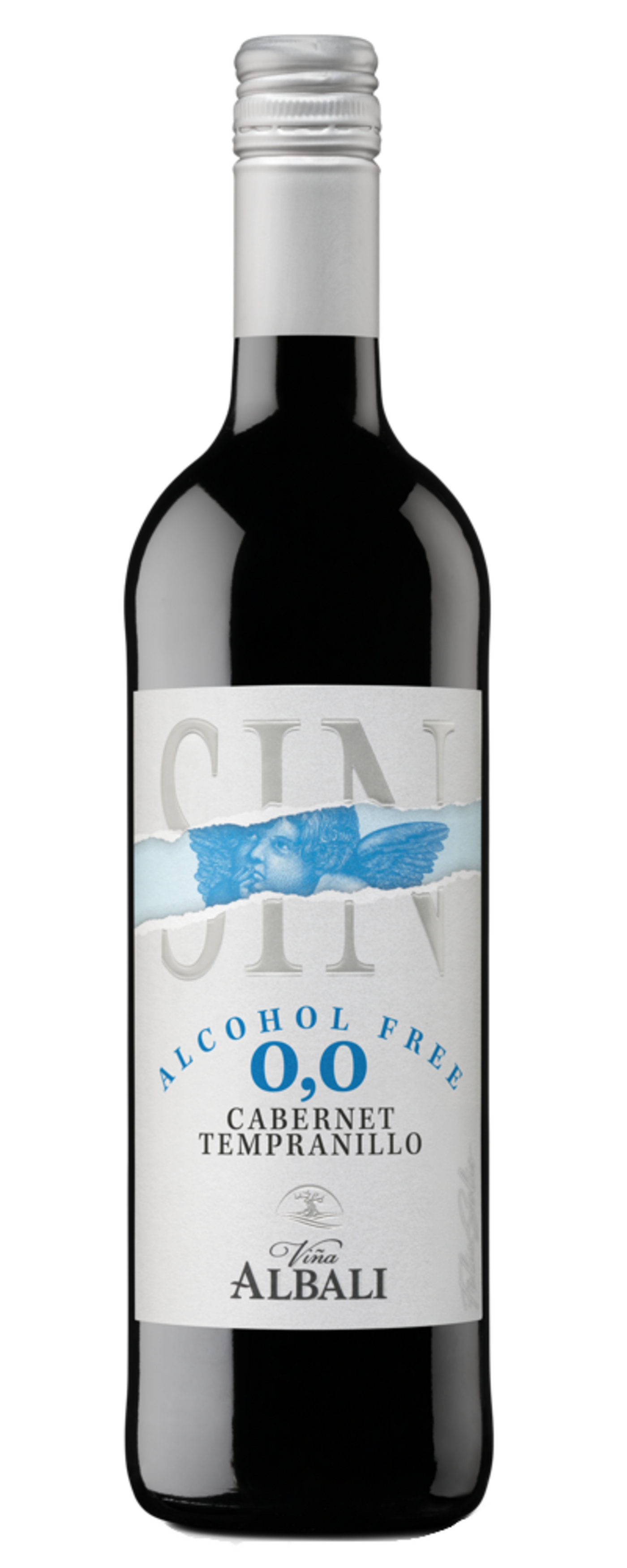 Wein-Flasche mit der Aufschrift 'Sin Alcohol 0,0 Cabernet Tempranillo' und einem Engel-Motiv