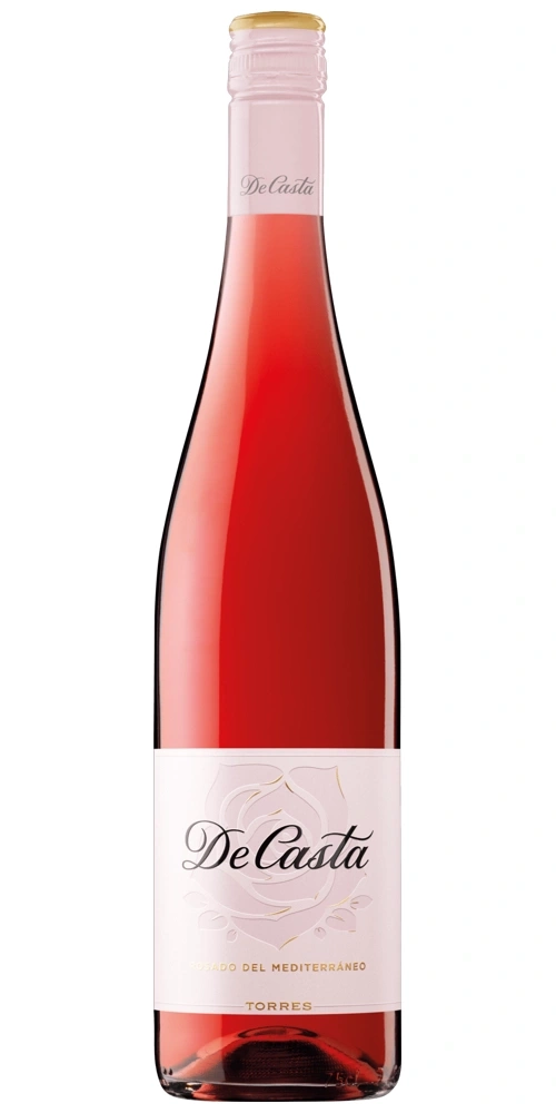 Roséwein der Marke De Casta, mit silberner Schrift und Rosenmotiv
