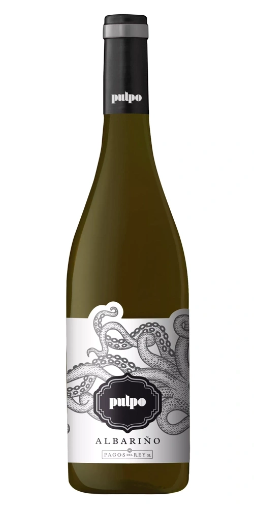 Eine weiße Flasche Wein mit einem Tintenfisch-Design auf dem Etikett