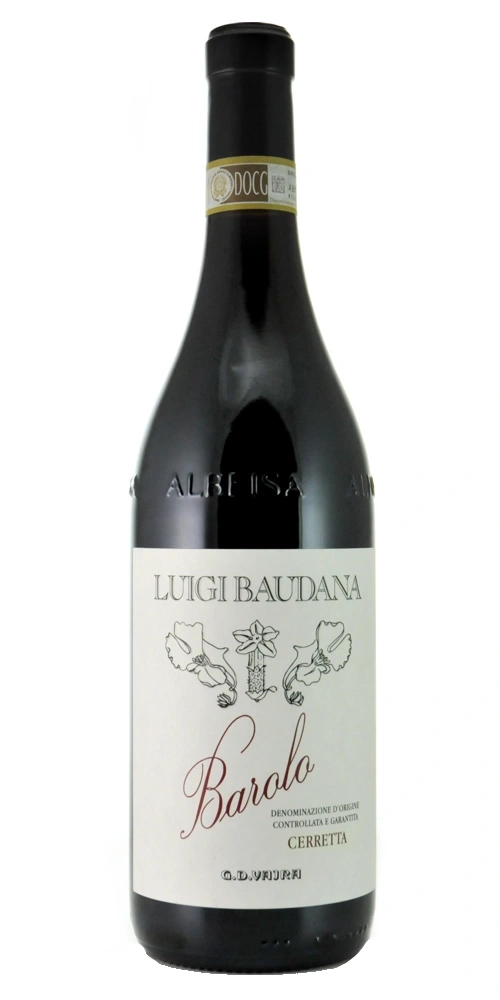 Eine Flasche Luigi Baudana Barolo DOCG mit schwarzem Etikett