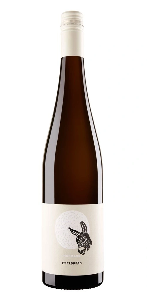 Eine braune Flasche Wein mit einem Etikett, das einen Esel und das Wort ESELSPFAD zeigt.