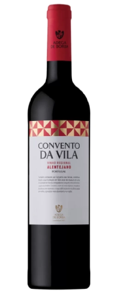 Eine Flasche Rotwein von Adega de Borba mit dem Etikett Convento da Vila Alentejano.