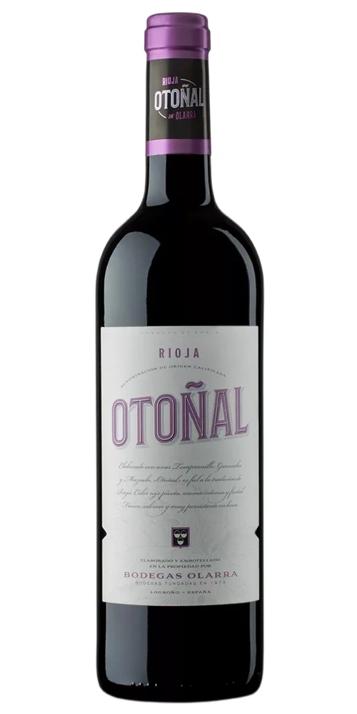 Eine Flasche Rotwein von Otonal de Ollarra mit lila Kappe.