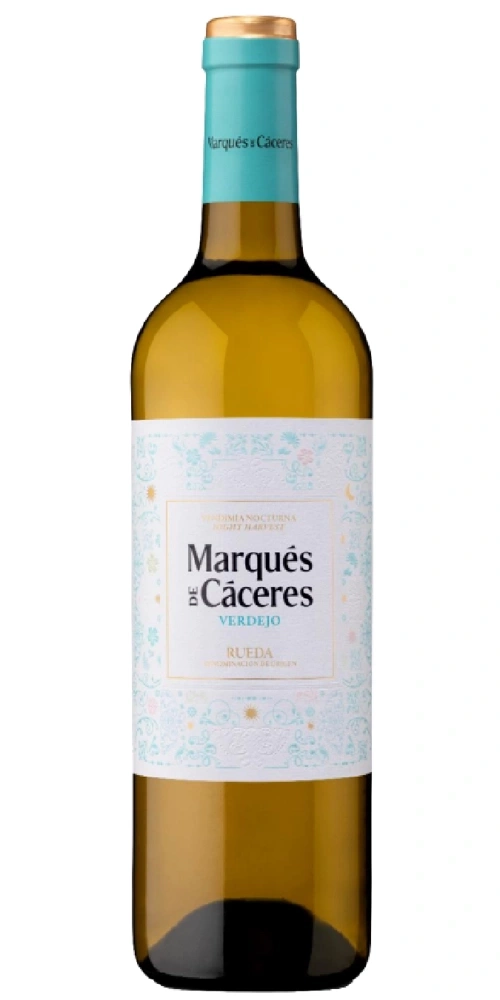Eine Flasche Marqués de Cáceres Verdejo Wein mit blauem Etikett und goldenem Verschluss.