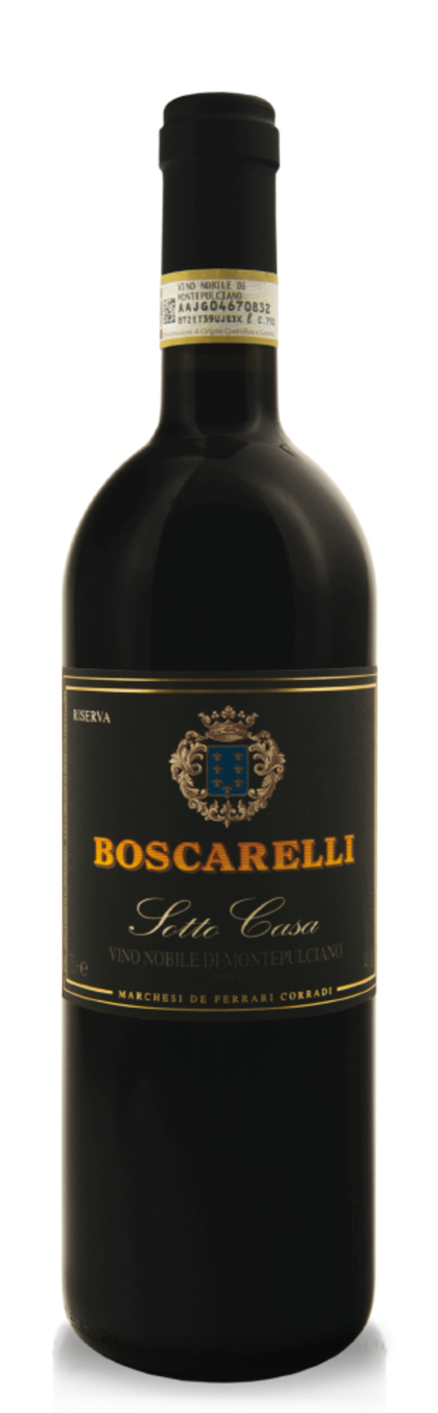 Wein-Flasche von Boscarelli Sotto Casa, dunkel, mit Etikett und goldener Schrift.